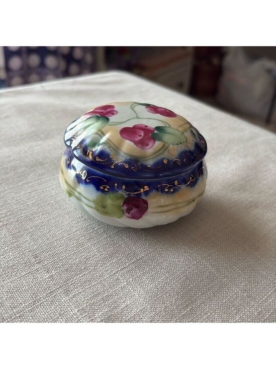 Other - Vintage Nippon Porcelain Trinket Box Hand Painted Floral Gold Trim White Multi